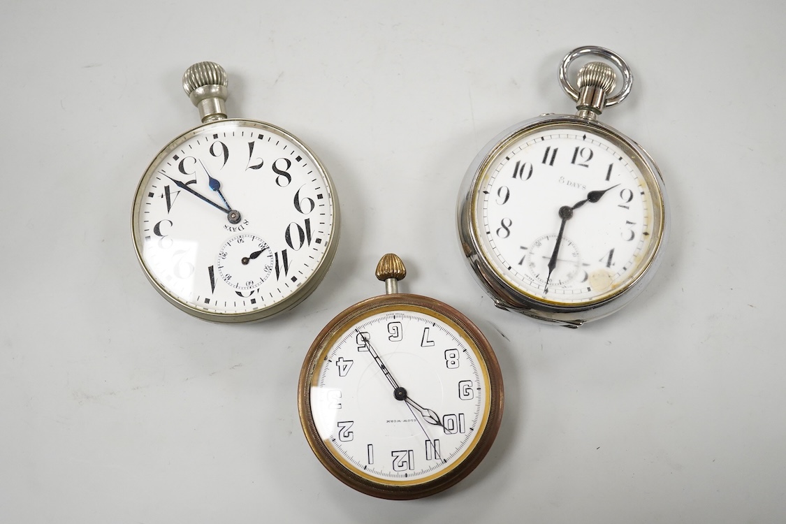 An erotic globe watch, a base metal open faced 8 day keyless pocket watch and two car dashboard clocks including Glo-Worm, largest case diameter 66mm.